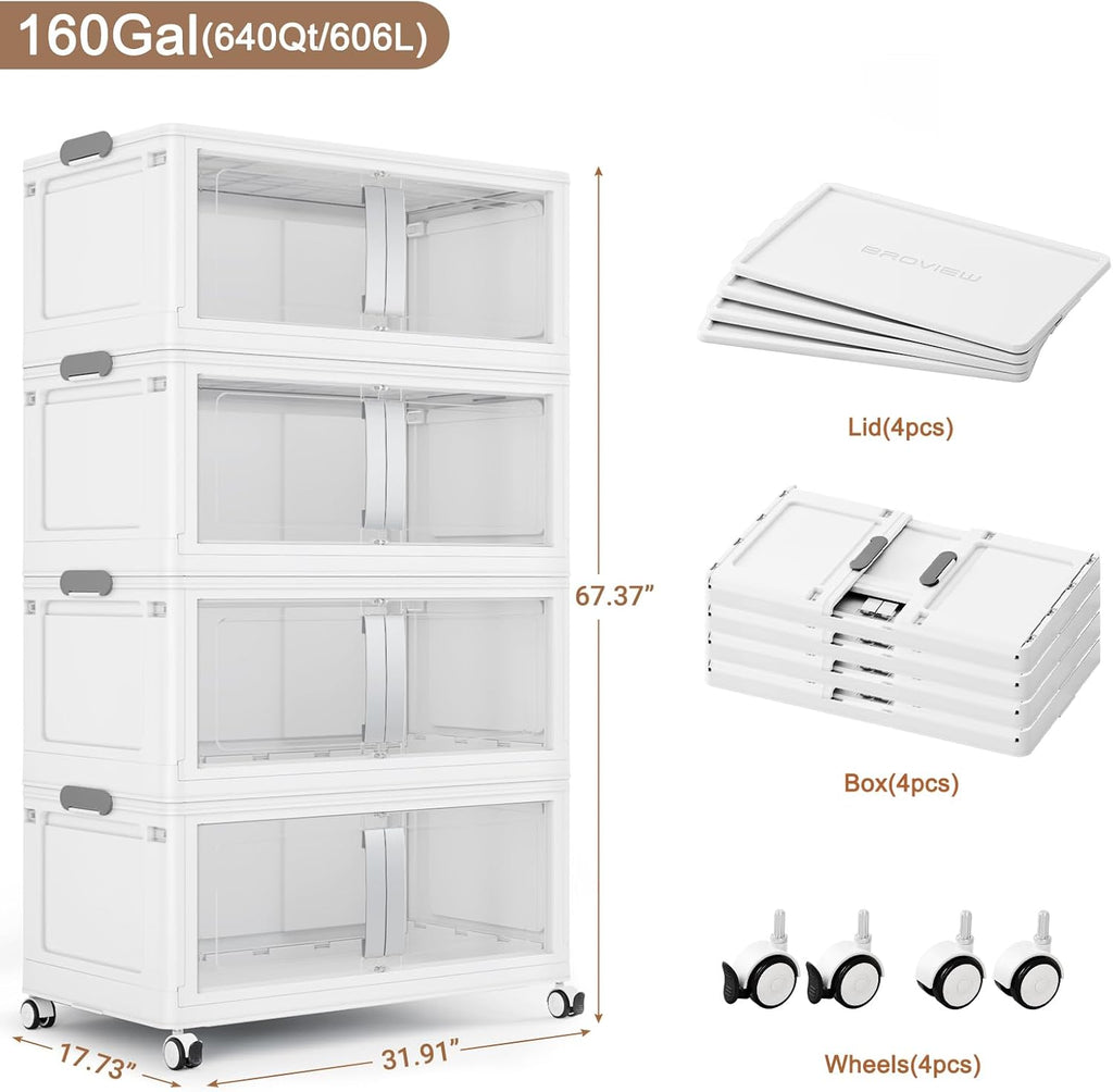 BROVIEW 640QT Stackable Storage Bins with Lids, 160Gal Extra Large Collapsible Storage Box with
