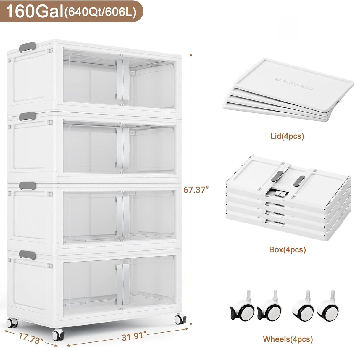 BROVIEW 640QT Stackable Storage Bins with Lids, 160Gal Extra Large Collapsible Storage Box with