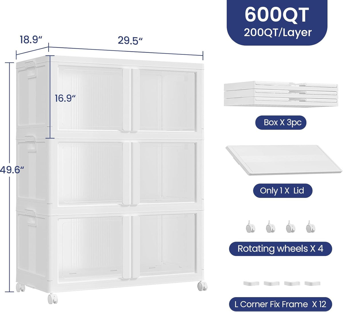 600Qt Stackable Storage Bins with Lid and Wheels, 150Gal Plastic Closet Organizer and Storage