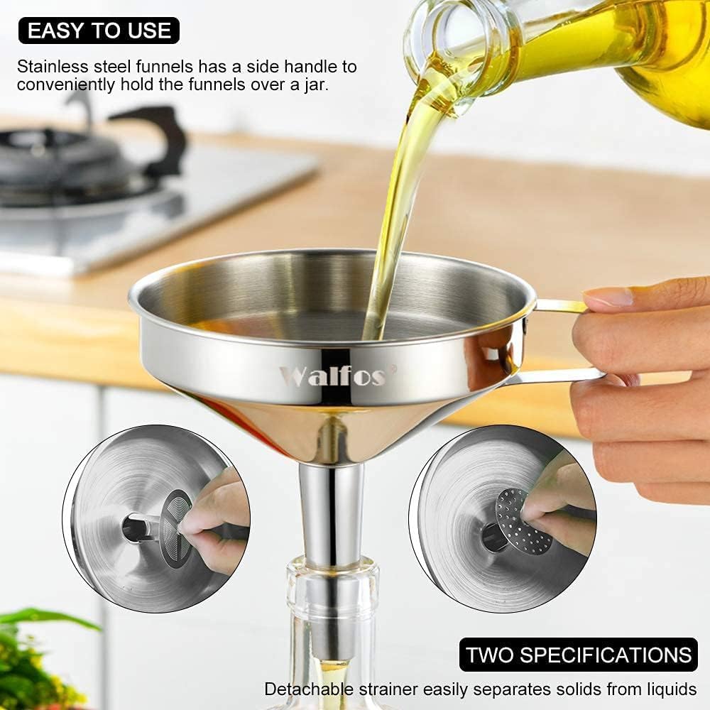 Stainless Steel Funnel, Walfos 3 Different Sizes of Kitchen funnels with 2 Removable Strainer ＆