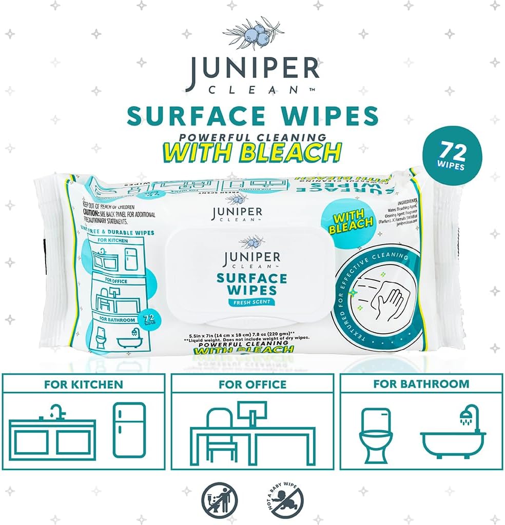 6 Pack Surface Cleaning Wipes with Bleach, All-Purpose Cleaner for Bathroom, Kitchen, Office, 72