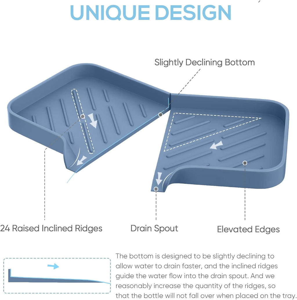 Silicone Sink Tray, Self-Draining Kitchen Soap Tray, Premium Silicone Soap Holder for Bathroom
