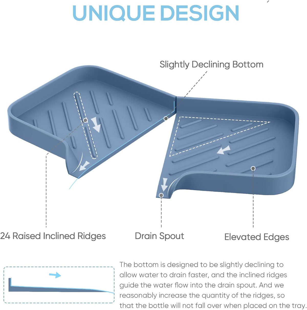 Silicone Sink Tray, Self-Draining Kitchen Soap Tray, Premium Silicone Soap Holder for Bathroom