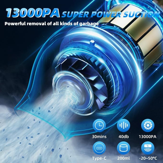 PATO Handheld Vacuum, 13000PA Portable Cordless Car Vacuum Cleaner, Suction and Blow 2-in-1 Dust