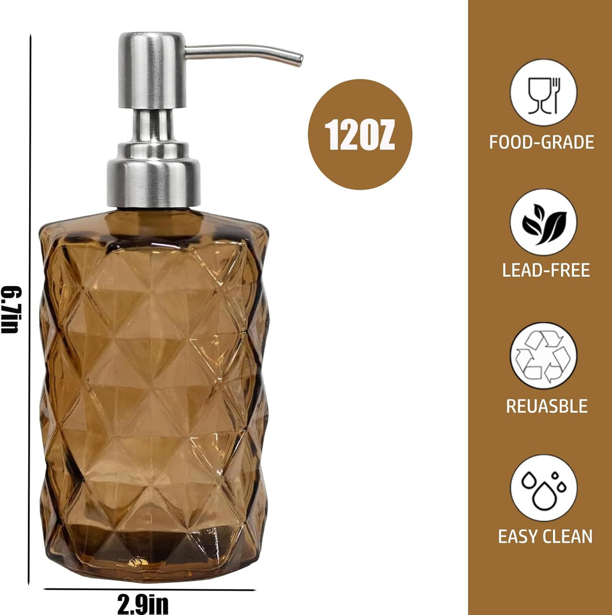 12Oz Brown Glass Soap Dispenser with Stainless Steel Pump, Refillable Kitchen Liquid Hand Soap