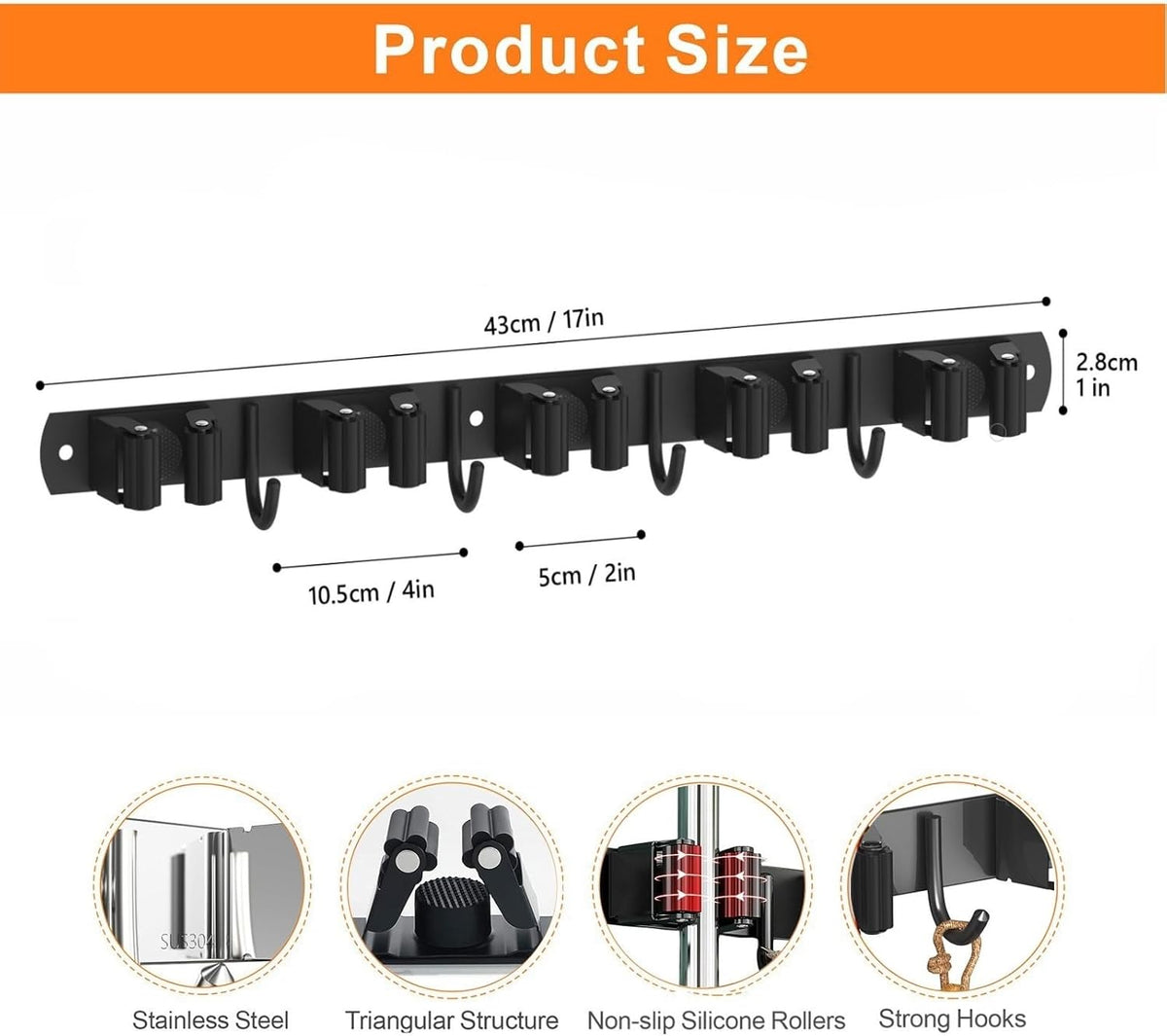 Mop and Broom Holder Wall Mount, Upgraded Broom Organizer Wall Mount, Stainless Steel Broom Hanger
