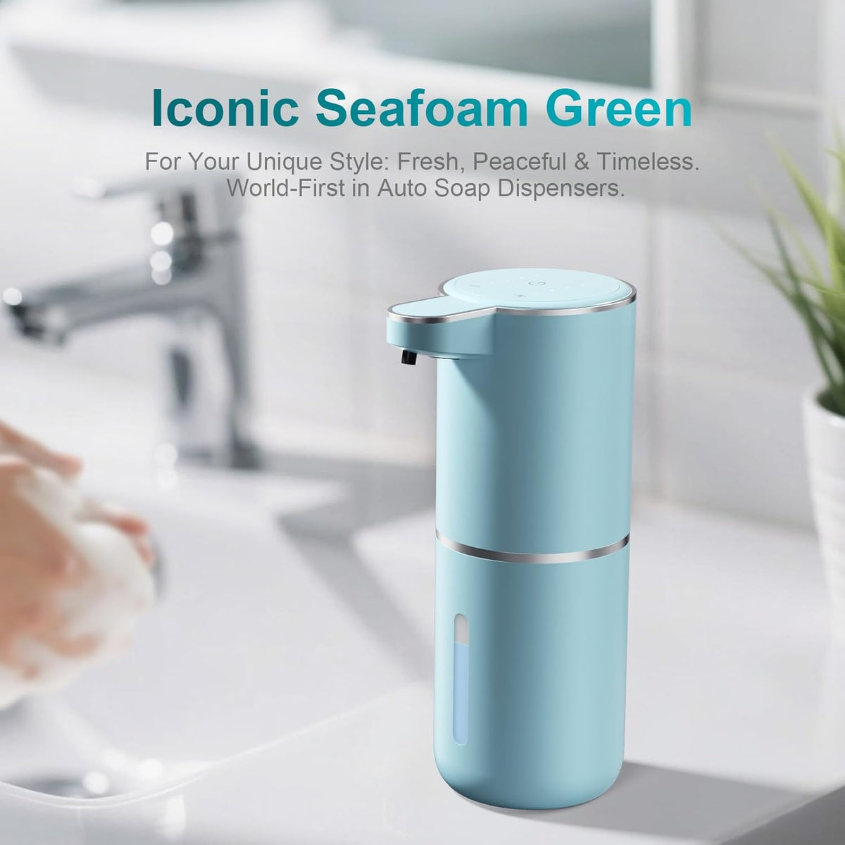Seafoam Automatic Foaming Soap Dispenser - Touchless Hand Sensor, 4 Foam Settings, USB-C 1200mAh