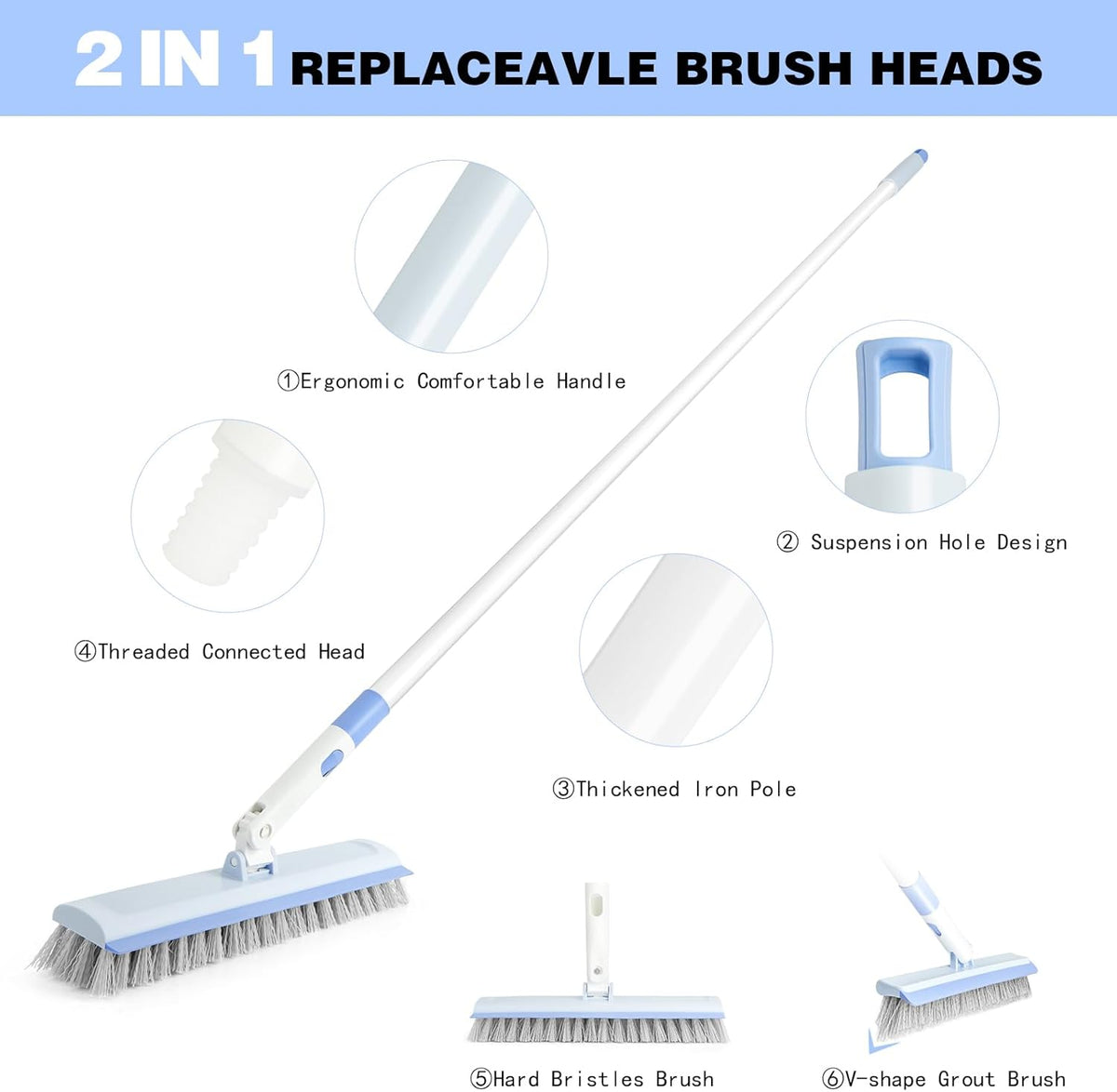 Floor Scrub Brush and V-Shape Grout Brush with Long Handle 3 in 1 Replaceable Head Scrape Brush
