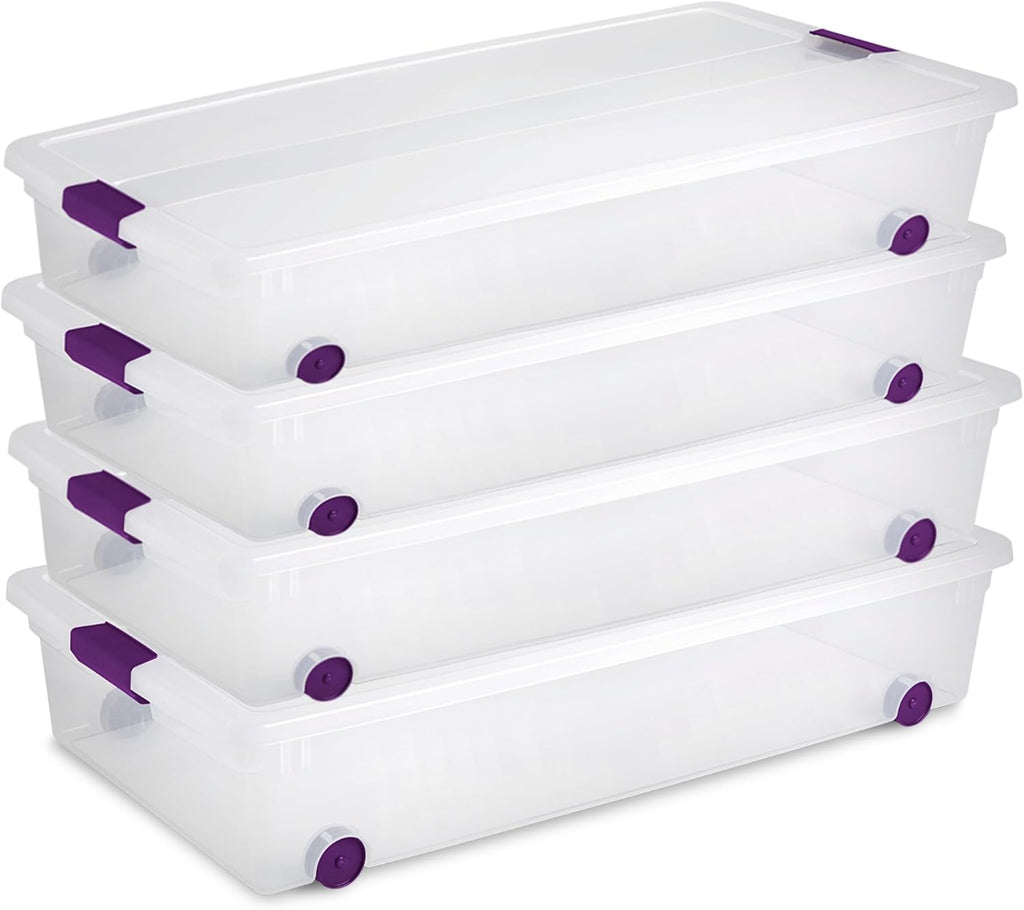 Sterilite 4-Pack 60 Quart ClearView Latch Box, Wheeled Underbed Organizer Bins with Latching Lids