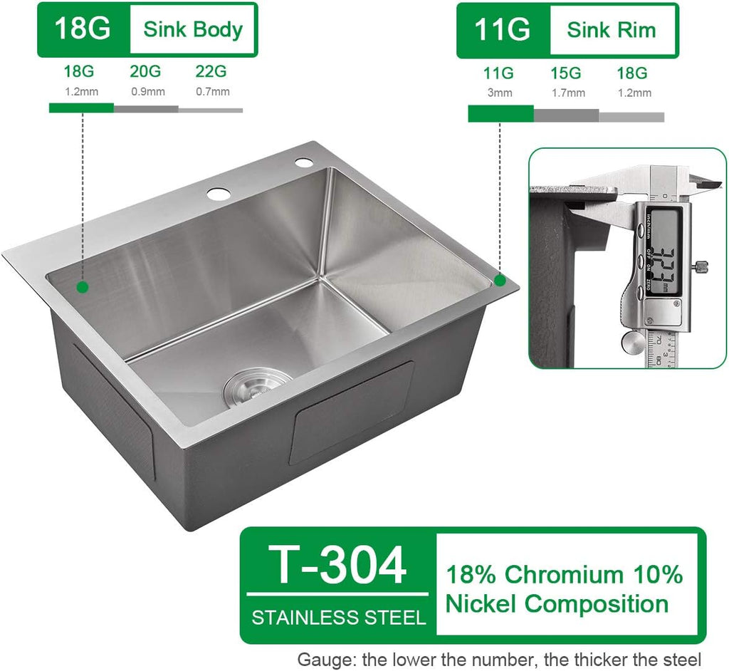 23x18 Inch Kitchen Sink, Handmade 304 Stainless Steel Sink, 9" Deep Single Bowl with Brushed