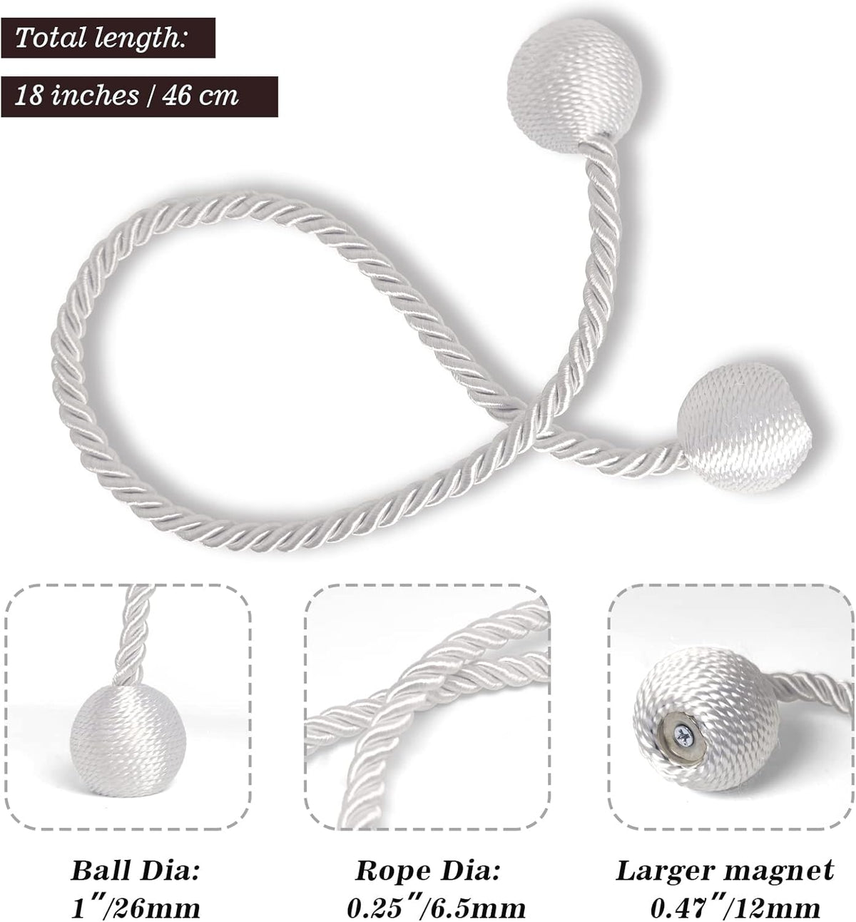 Hion Magnetic Curtain Tiebacks White 6 Pack, Curtain Tiebacks Buckles Holdbacks Holders Hooks Clip