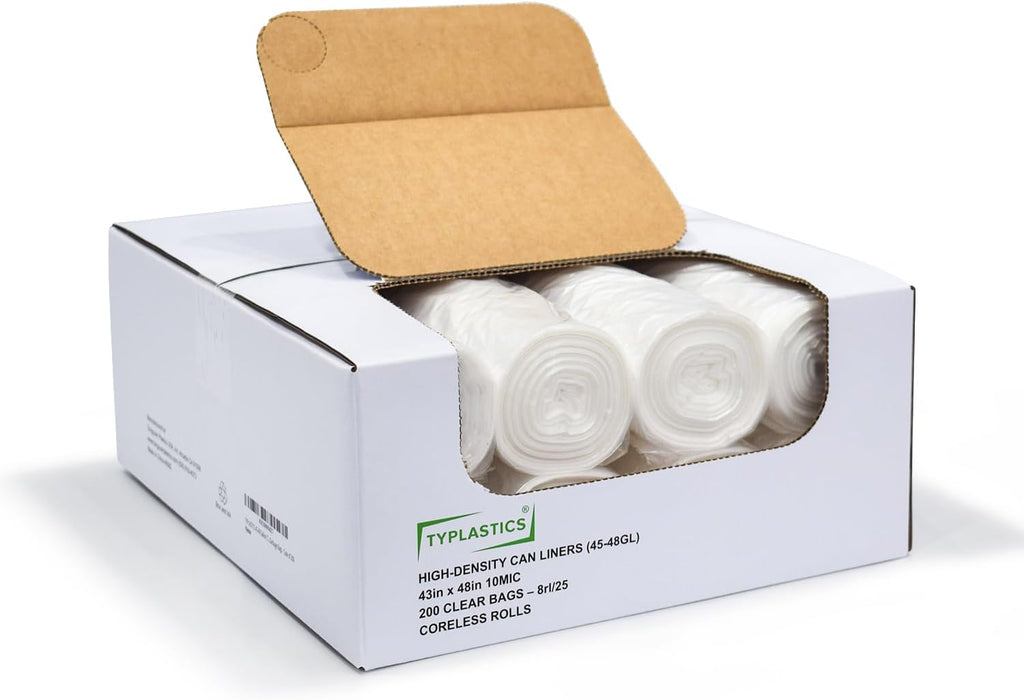 TYPLASTICS 45-48 Gallon Clear Trash Can Liners - 43" x 48" - High Density Garbage Bags - 200 Pack