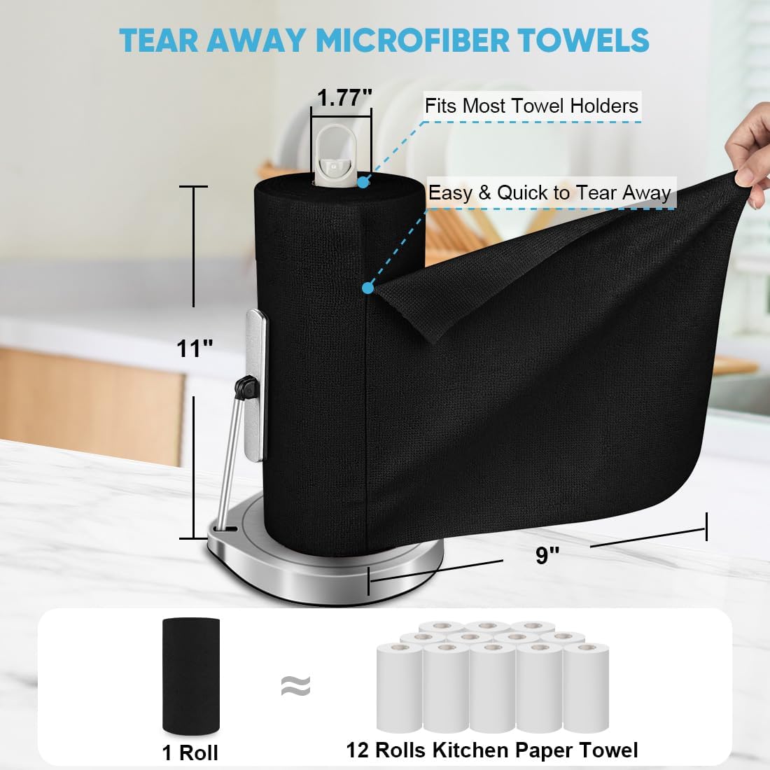 AIDEA Microfiber Cleaning Cloth Roll 55 Sheets, Black Microfiber Towels for Cars, Shop Rags