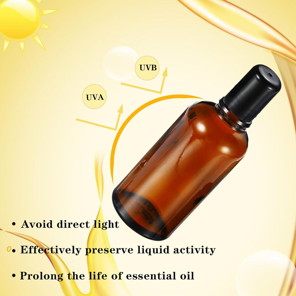 100ML Roller Bottles for Essential Oil, 3 Pack Empty Amber Glass Roller Bottle for Perfume Oil