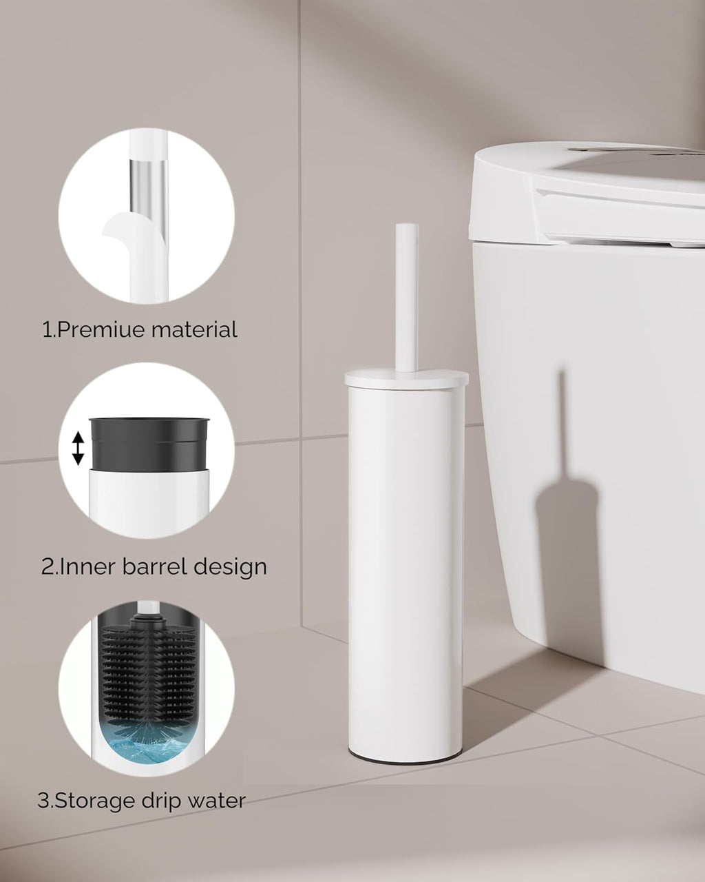 Toilet Brush and Holder Set, Stainless Steel Toilet Bowl Brush with Lid, Rust Proof Toilet Cleaner
