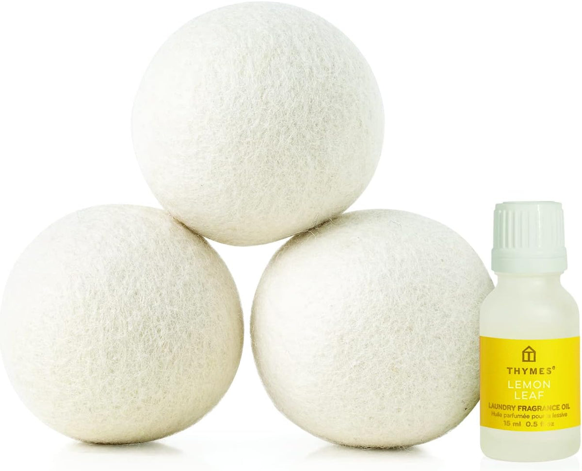 Thymes Wool Dryer Balls Set – Includes 3 Wool Laundry Balls + 1 Scented Laundry Fragrance Oil for