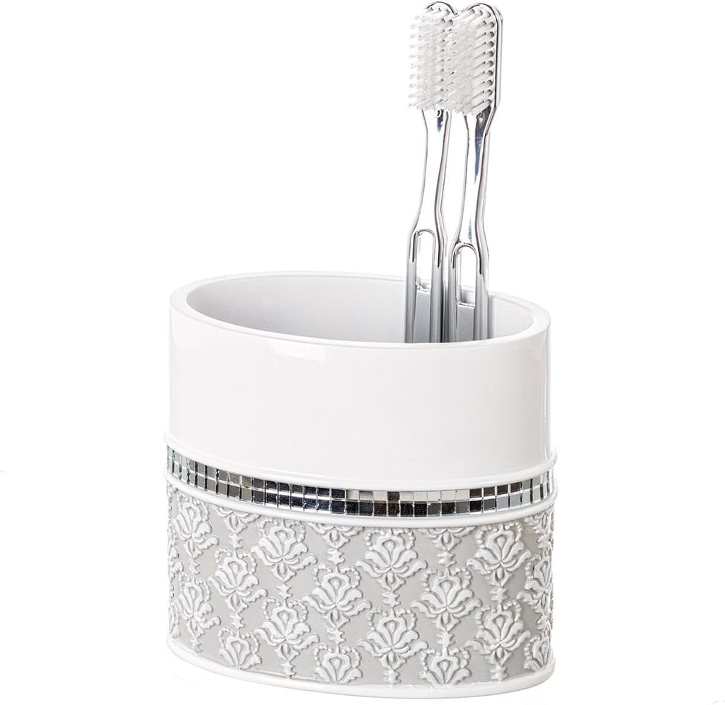 Creative Scents Mirror Damask Toothbrush Holder for Bathroom - Gray & White Toothbrush and