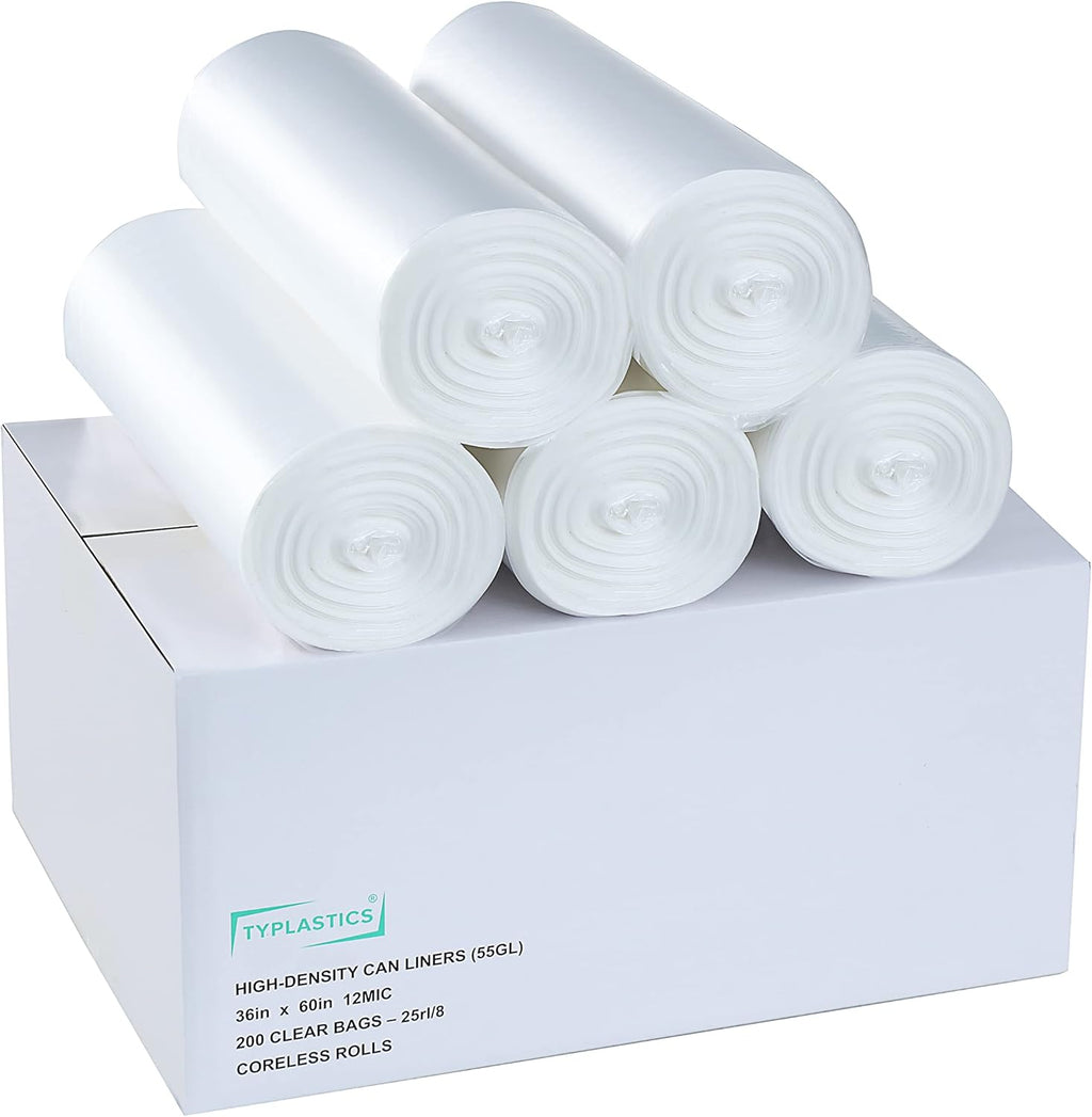 TYPLASTICS 55 Gallon Clear Trash Can Liners - 36" x 60" - High Density Garbage Bags - Case of 200