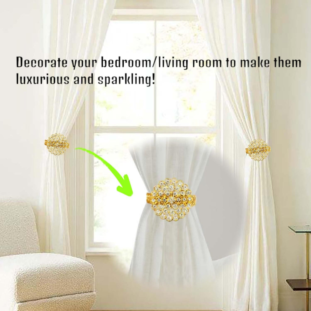 2 Pack Crystal Flower Curtain Tiebacks – Decorative Spring Wire Buckle Clips with Sparkling