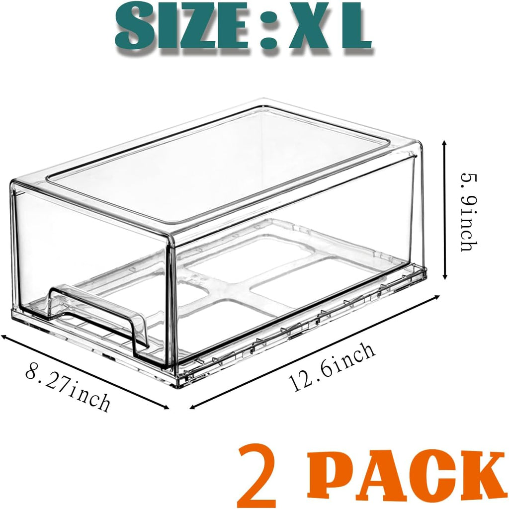 PeJeyiee Clear Stackable Refrigerator Organizers and Storage Drawers - Pull-Out Fridge Bins with