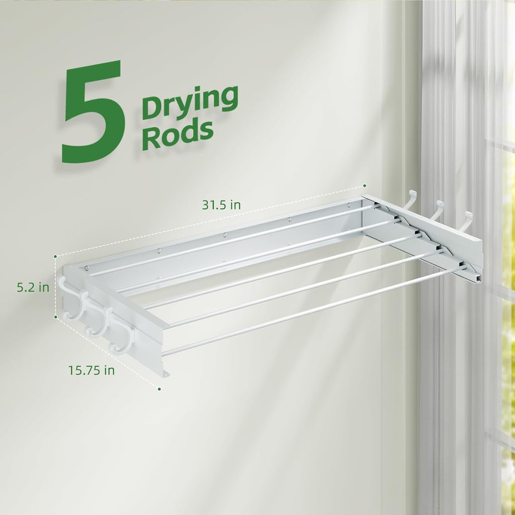 Wall Mounted Drying Rack 31.5", Foldable Clothes Drying Rack with 6 Towel Hooks and 5 Rods for