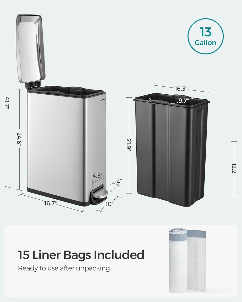 SONGMICS Slim Trash Can, 13-Gallon (50 L) Garbage Can for Narrow Spaces with Soft-Close Lid, Inner