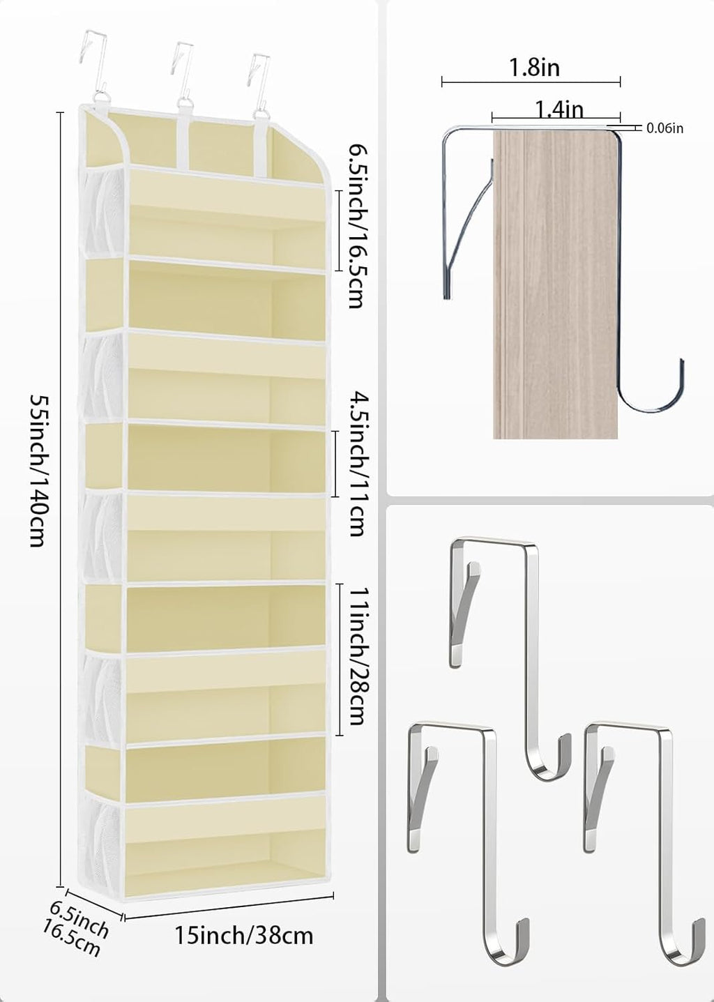 1 Pack Over The Door Storage Organizer with 5 Pockets 10 Mesh Pockets, 44 lbs Weight Capacity Door