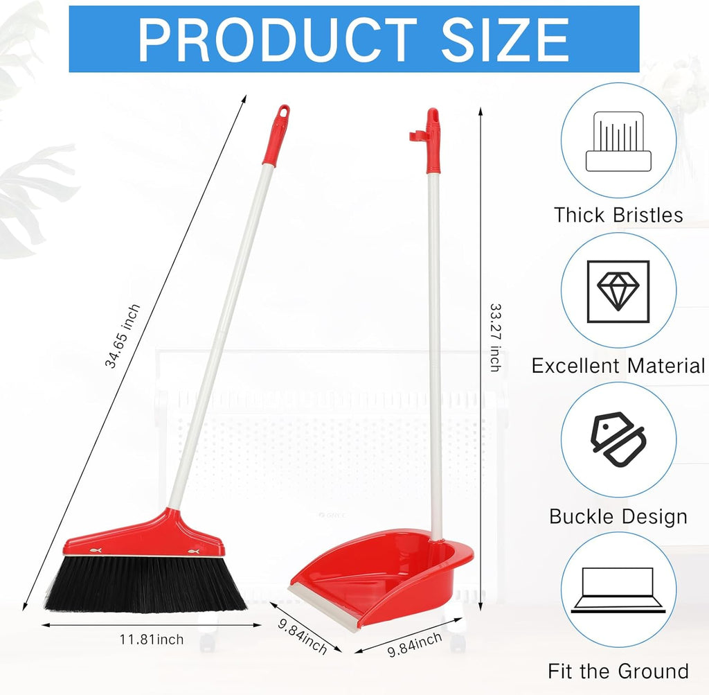 WILLBOND Set of 8 Broom and Dustpan Set Long Handle Broom with Upright Standing Dustpan Broom with