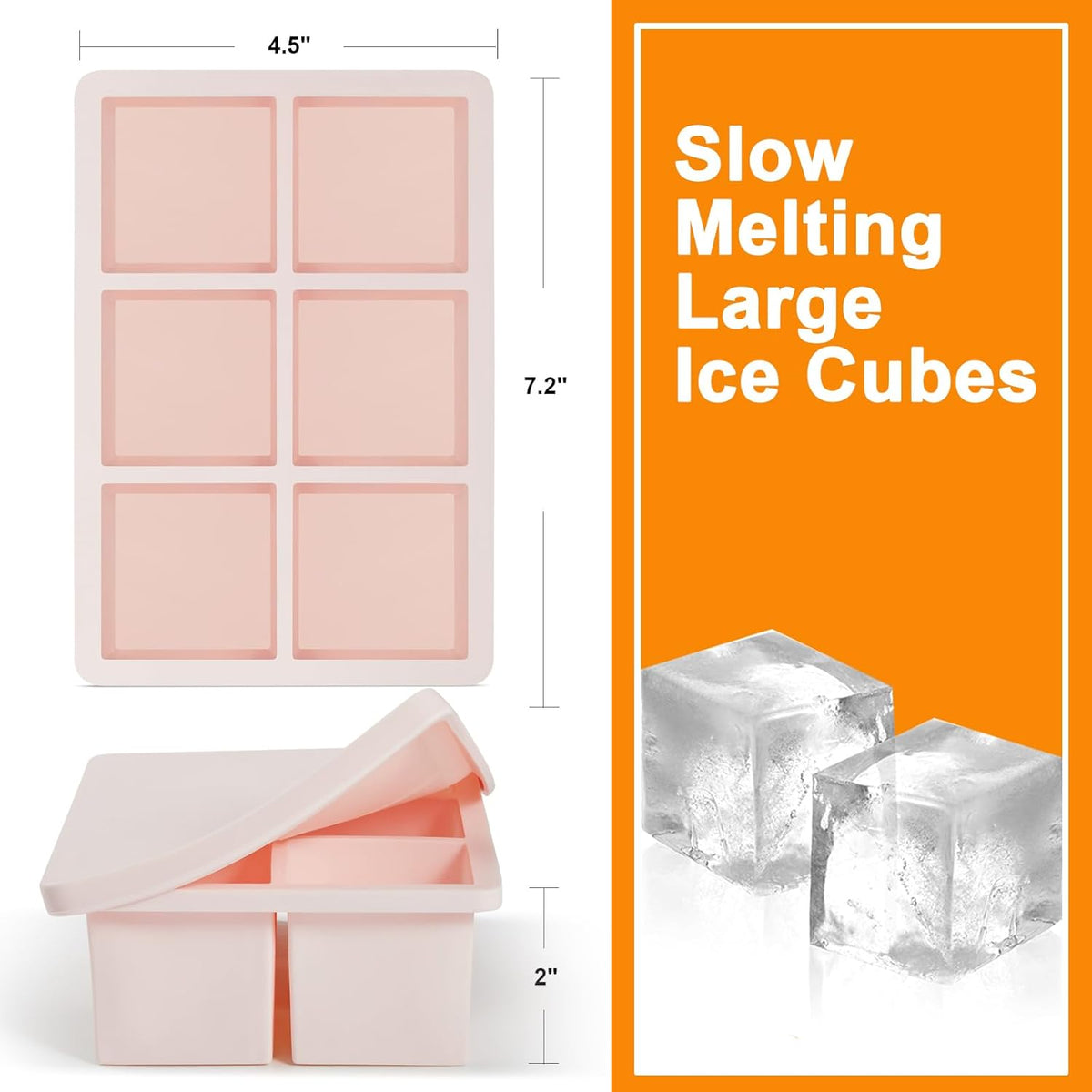 Nax Caki Pink Large Ice Cube Tray with Lid Pack of 2, Stackable Big Silicone Square Ice Cube Mold