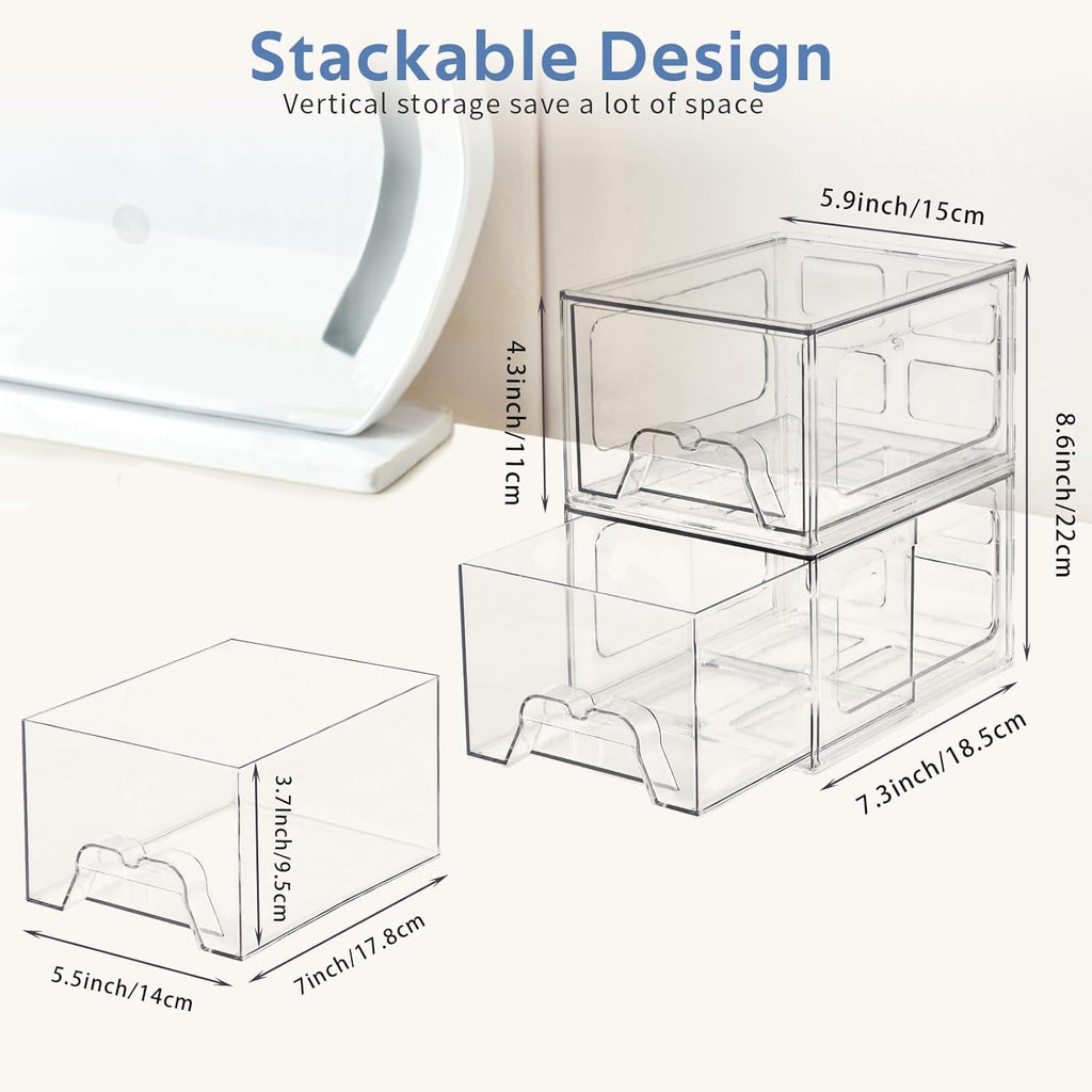 Plastic Drawers Storage, 4 Pack Clear Stackable Storage Drawers, Acrylic Storage Bins with Drawers