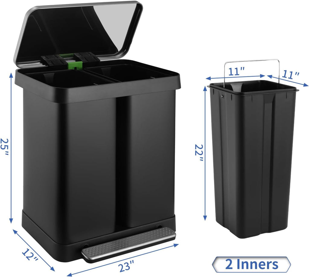 16 Gallon Dual Compartment Trash Can, Hands-Free Recycling Rectangular Garbage Bin, Stainless Steel
