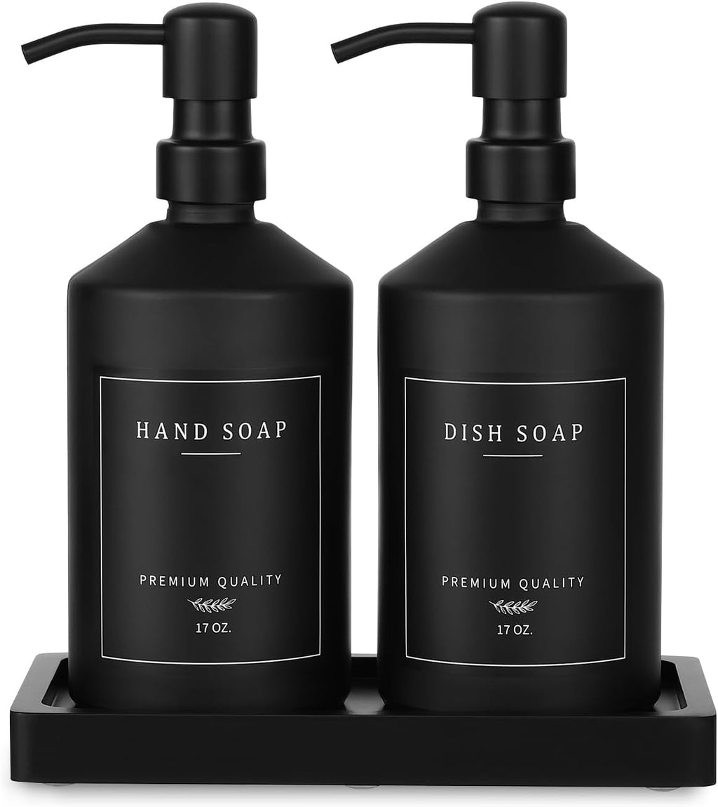 Matte Black Soap Dispenser Set, 17 OZ Hand and Dish Soap Dispenser Set, Bathroom Refillable Soap