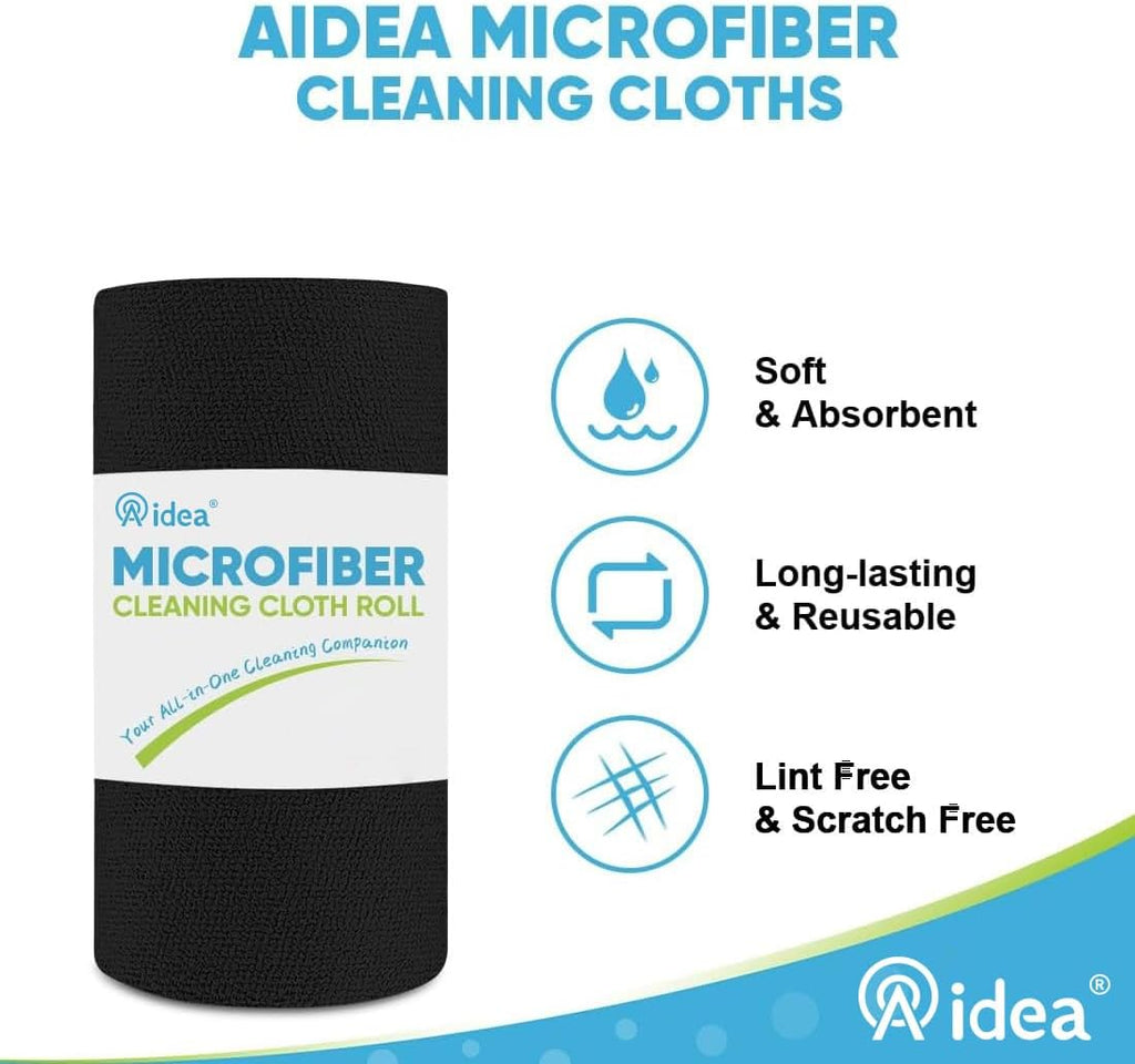 AIDEA Microfiber Cleaning Cloth Roll 55 Sheets, Black Microfiber Towels for Cars, Shop Rags