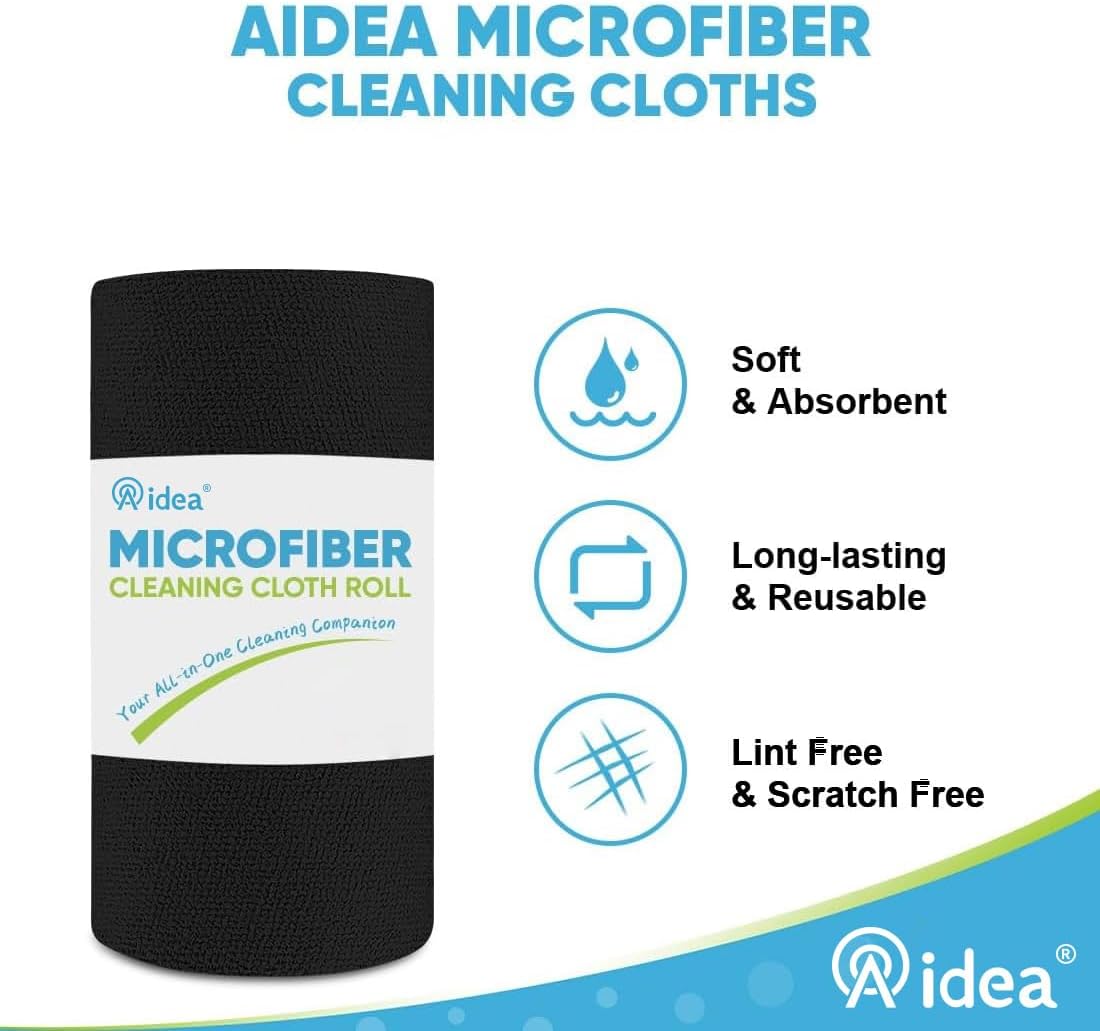 AIDEA Microfiber Cleaning Cloth Roll 55 Sheets, Black Microfiber Towels for Cars, Shop Rags