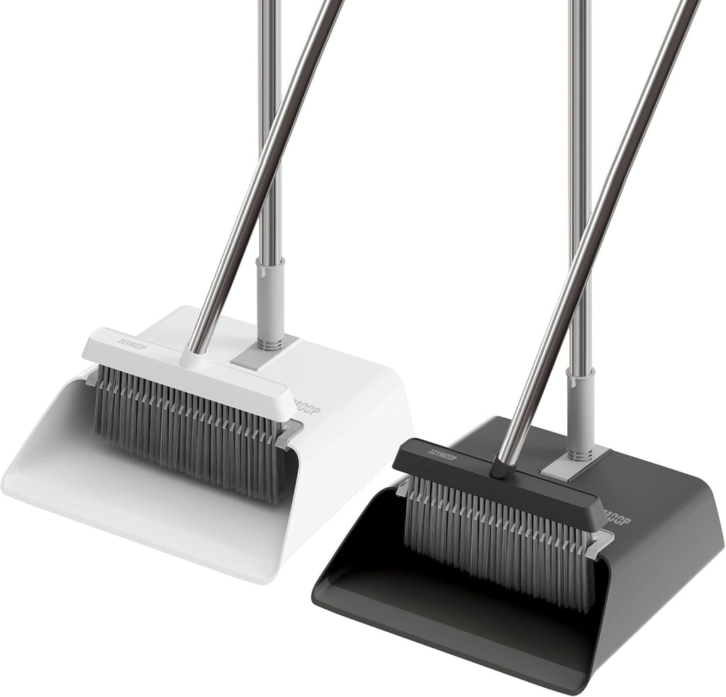 JOYMOOP 2 Pack Broom and Dustpan Set, Black and White Combo, Upright Angle with Built-in Comb Teeth