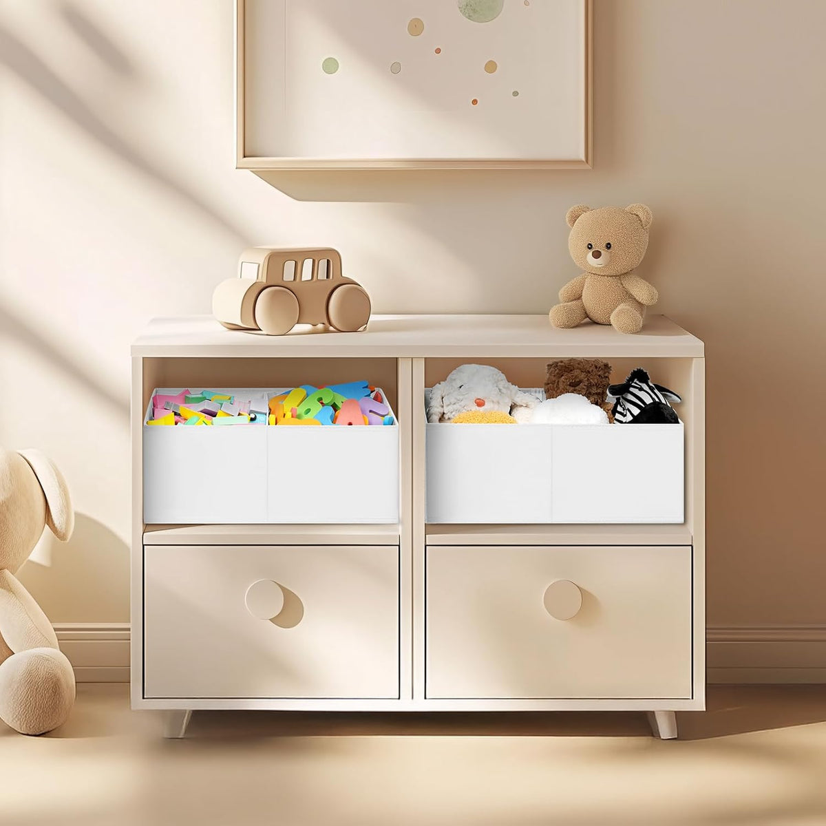 DIMJ Large Closet Shelf Organizer Bins 4 Packs with Handles and Divider, Fabric Trapezoid Storage