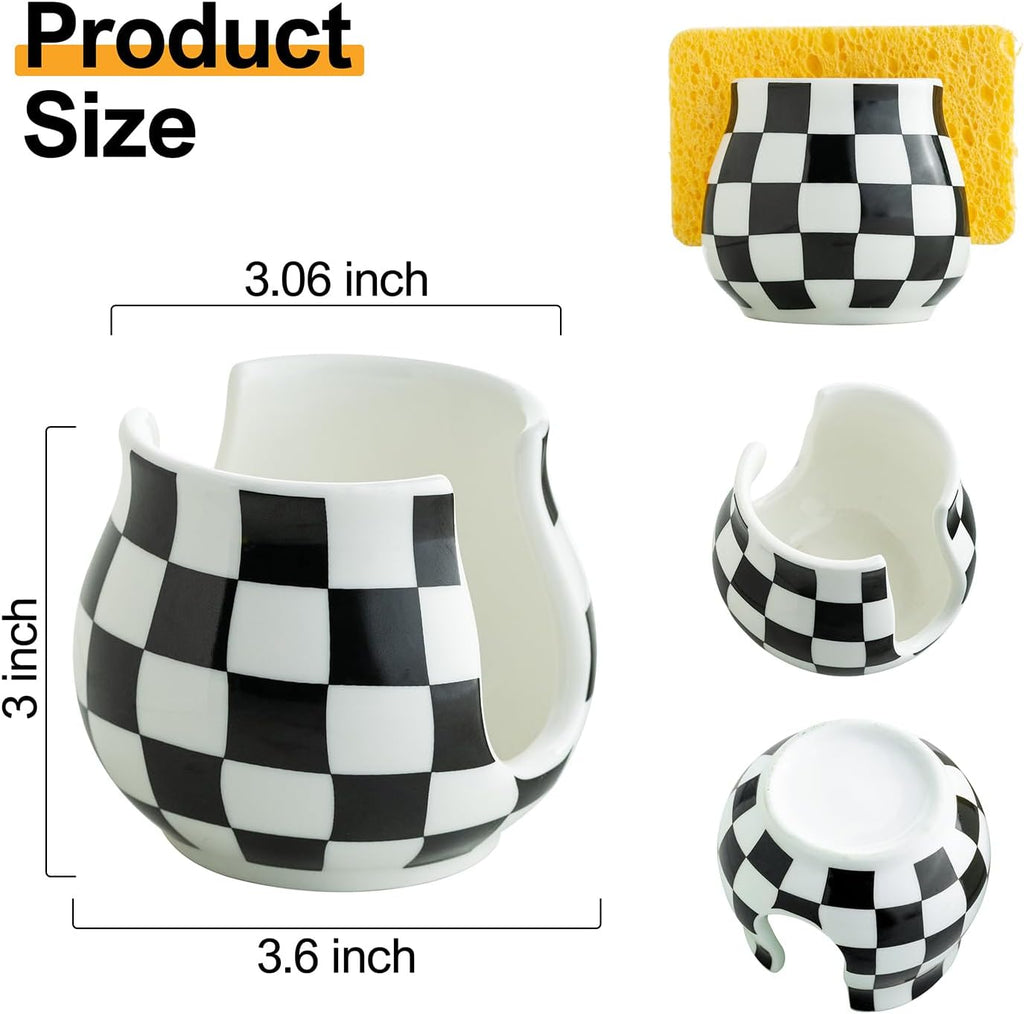 Checkered Sponge Holder for Kitchen Sink, Ceramic Dish Sponge Dish Rack Scrubby Holder Kitchen