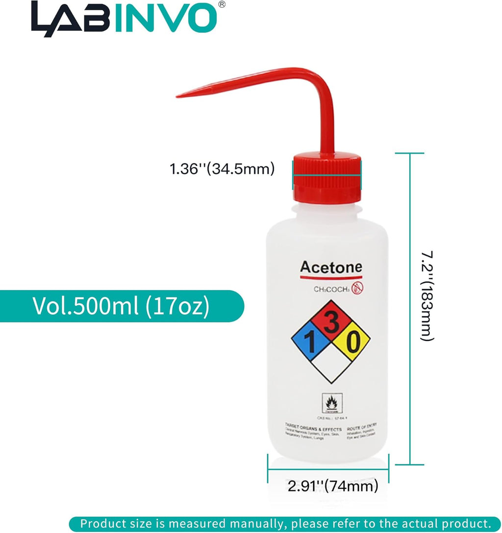 Acetone Wash Bottle, 1PC of Vol.500ml (17oz), Narrow Mouth, Self-Venting Safety Wash Bottle, LDPE