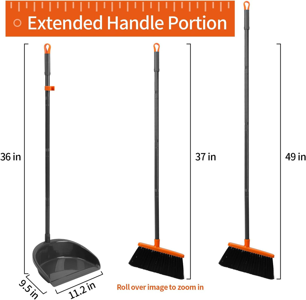 Long Handle Broom with Upright Standing Dustpan Combo for Office Home Kitchen Lobby Floor Cleaning