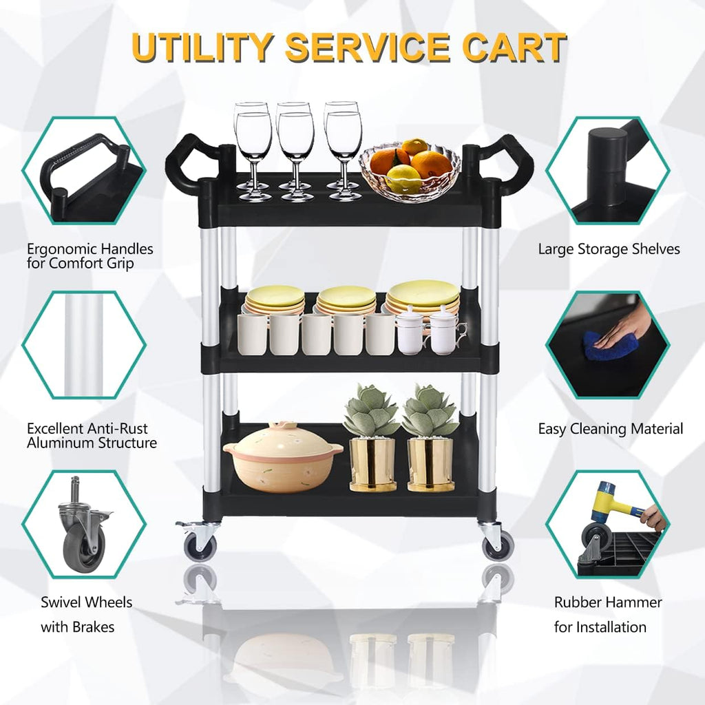 Plastic Utility Carts with Wheels, Heavy Duty 510lbs Capacity Rolling Service Cart, 3-Tier