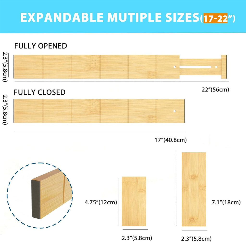 6 Pack Bamboo Drawer Dividers with 12 Inserts, Expandable Adjustable Clothes Drawer Organizers and