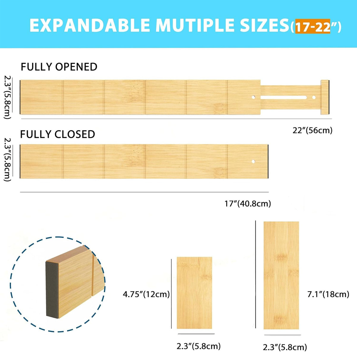 6 Pack Bamboo Drawer Dividers with 12 Inserts, Expandable Adjustable Clothes Drawer Organizers and