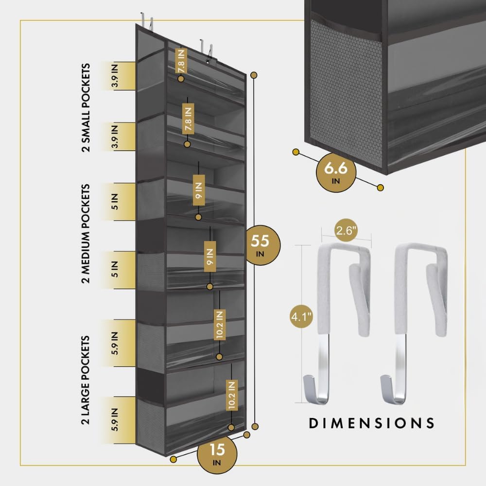 HOMELUX THEORY 1PC Heavy Duty Over the Door Organizer 55x14x6.7, 6 Large Front & 12 Side Pockets