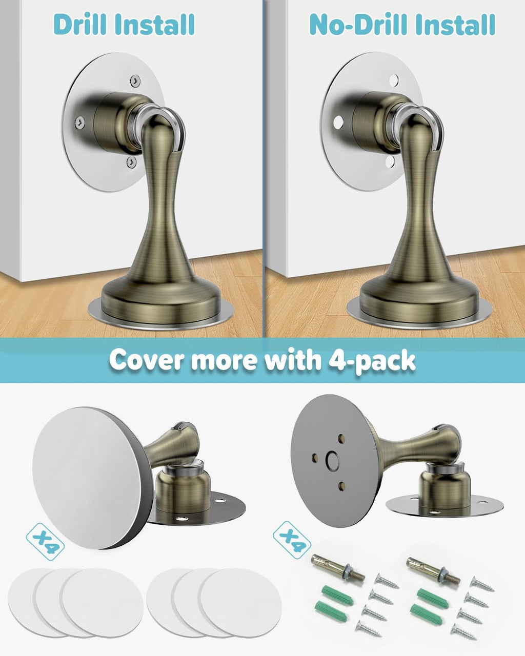 Door Stoppers Magnetic Door Catch - 4 Pack Stainless Steel Heavy Duty Door Stops for Bottom of