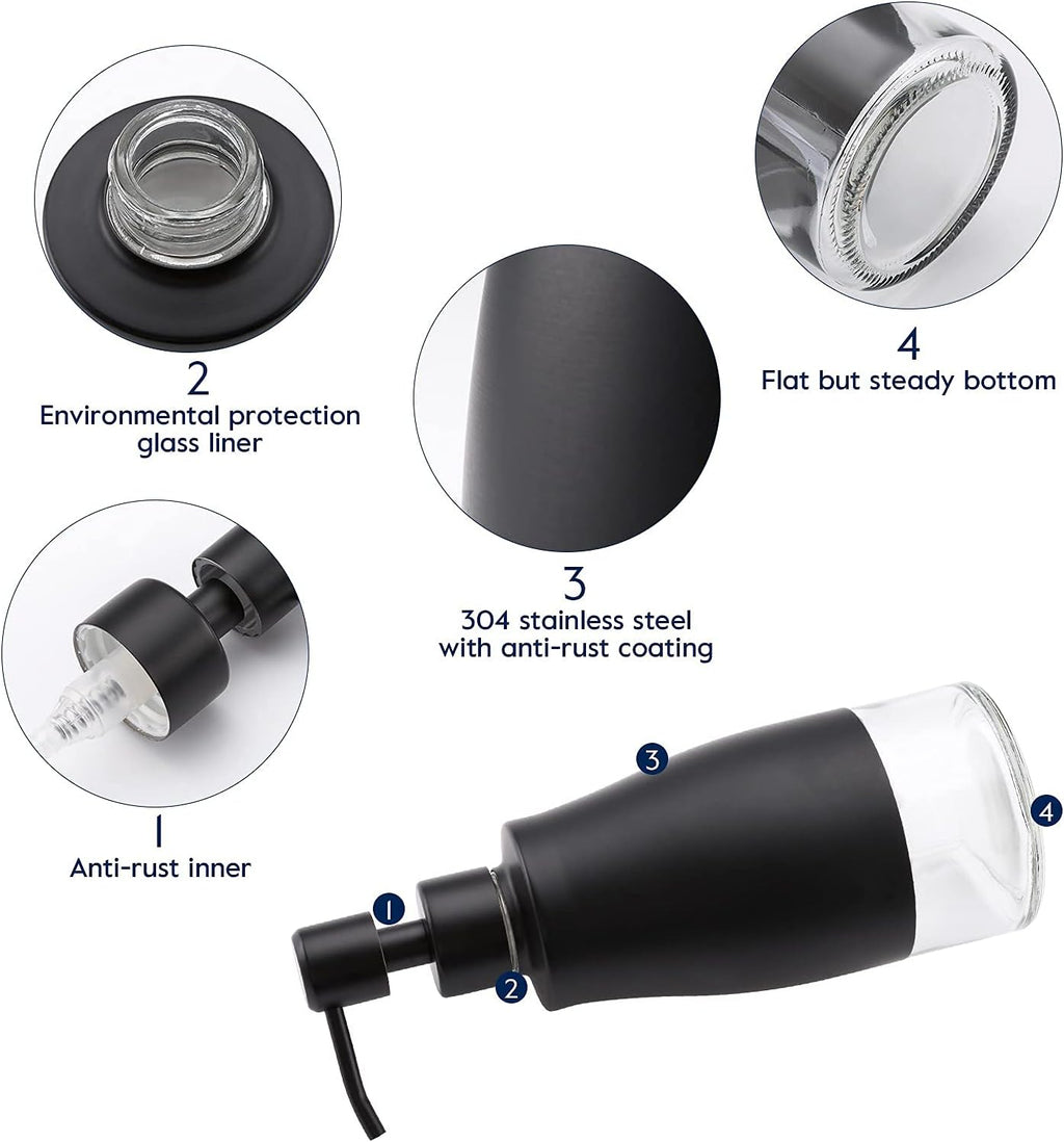 Gaussra Black Soap Dispenser with Coasterand Stickers, Refillable Liquid Stainless Steel Soap