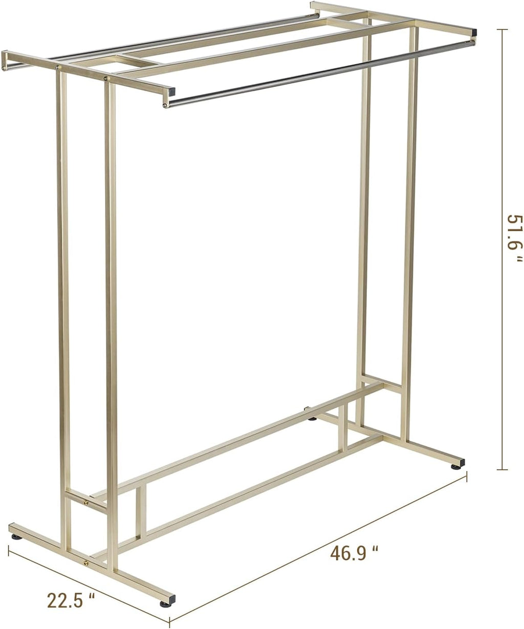 MyGift 4ft Tall Brass Tone Stainless Steel Freestanding Garment Rack, Heavy Duty Double Rod Clothes