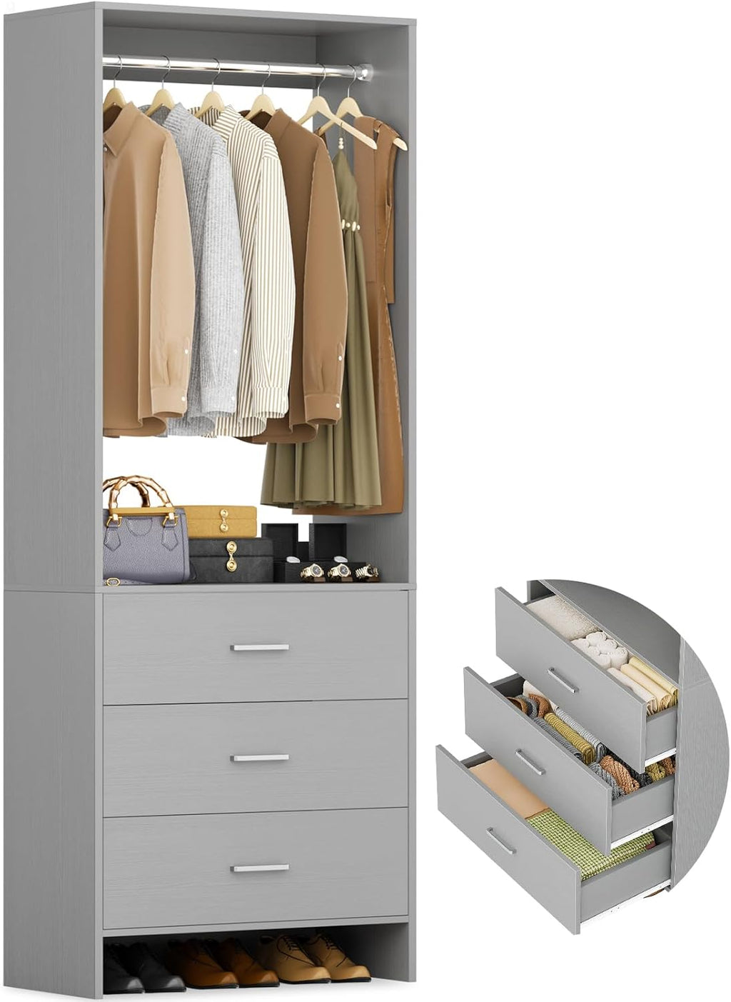 Aheaplus 2FT Closet System with 3 Drawers, 24’’ Closet Organizer, Wood Closet Organizer System