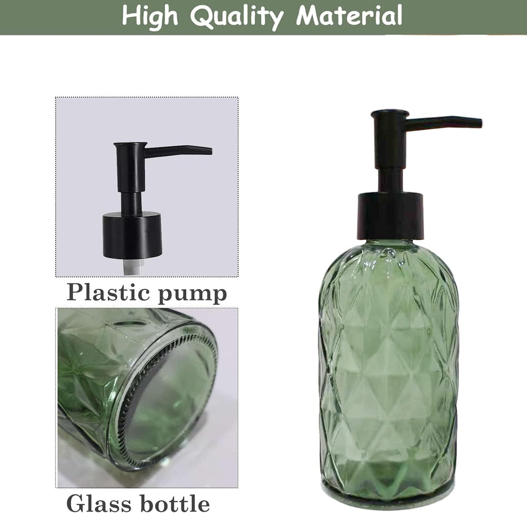 Green Glass Soap Dispenser with Black Plastic Pump, 12Oz Bathroom Clear Liquid Lotion Bottles