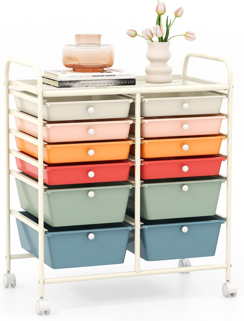 GOFLAME 12-Drawer Rolling Storage Cart, Multipurpose Organizer with 2 Sizes Plastic Drawers, Mobile