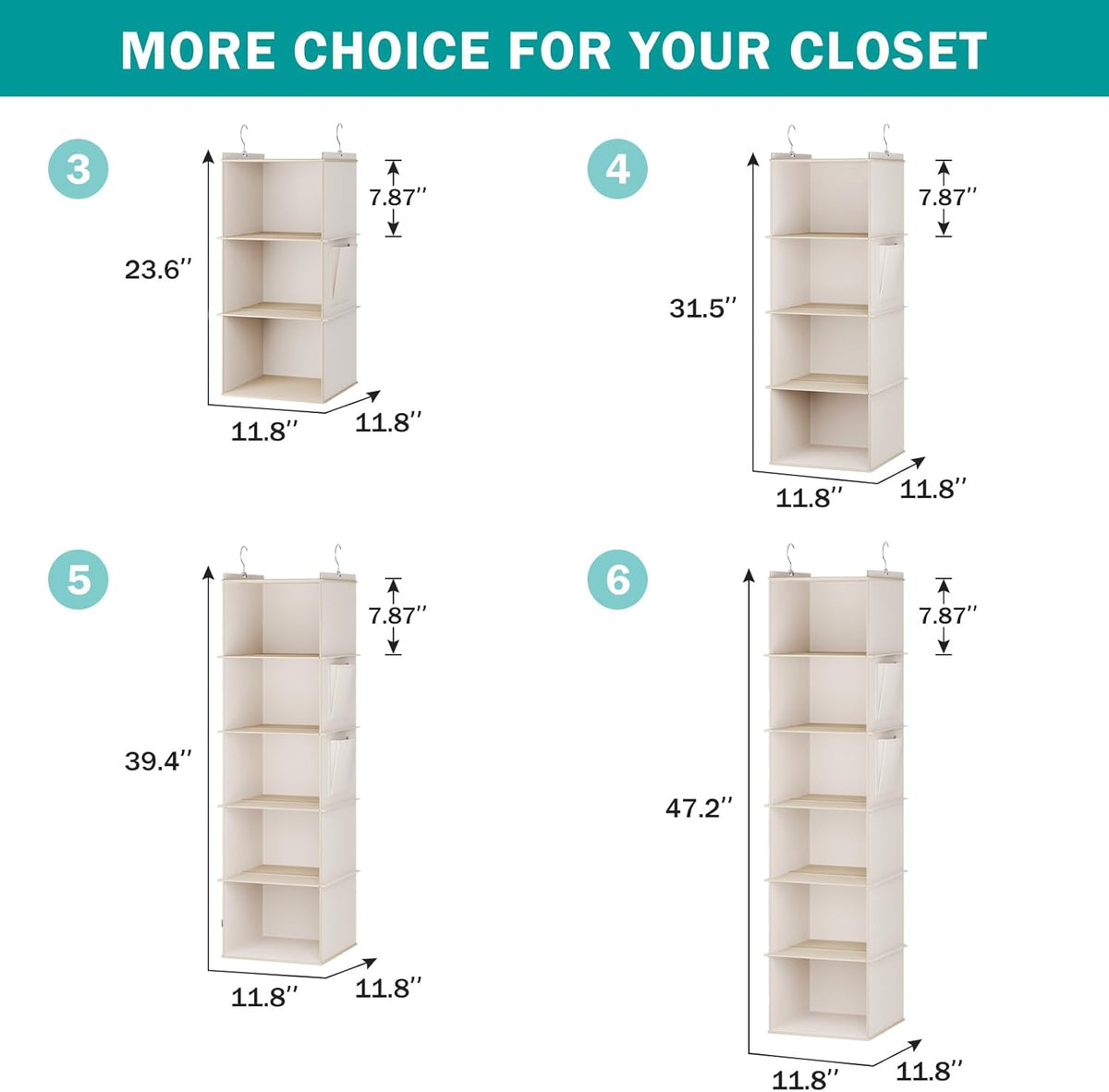 YOUDENOVA Hanging Closet Organizer, 3-Shelf Closet Hanging Storage Shelves, Beige